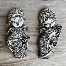 2 Vintage ANGELS PLAYING MUSIC Wall Decor Plaques Cherubs Resin Guitar And Harp picture