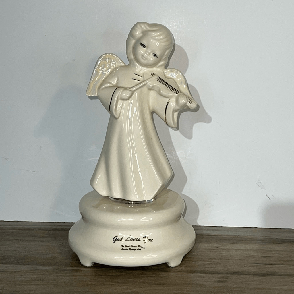 Vintage Angel Music Box Plays Gather At The River White God Loves You Inscribed