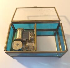 Vintage Turquoise Hinged Etched Ship Glass Music/ Trinket Box Plays Memory picture