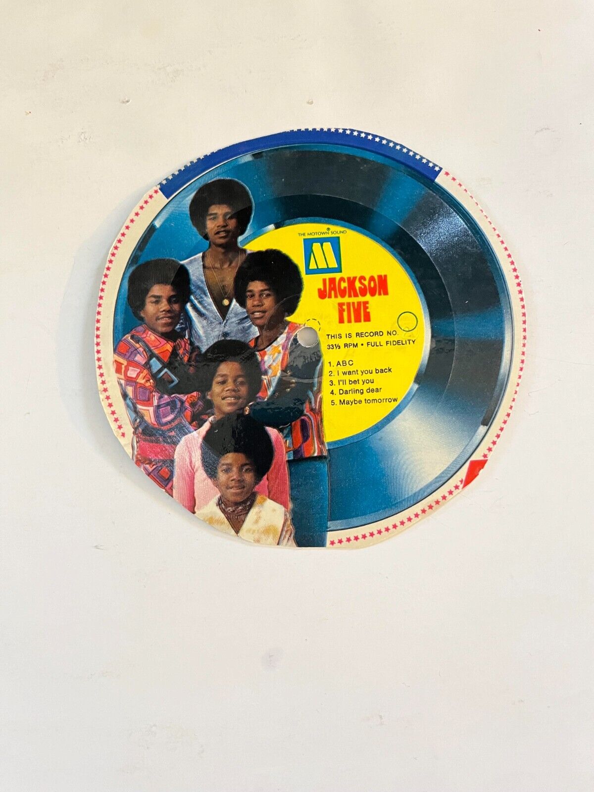 JACKSON FIVE - CEREAL BOX CUT-OUT CARDBOARD RECORD 33 RPM 5 SONGS ,  VG + RARE 