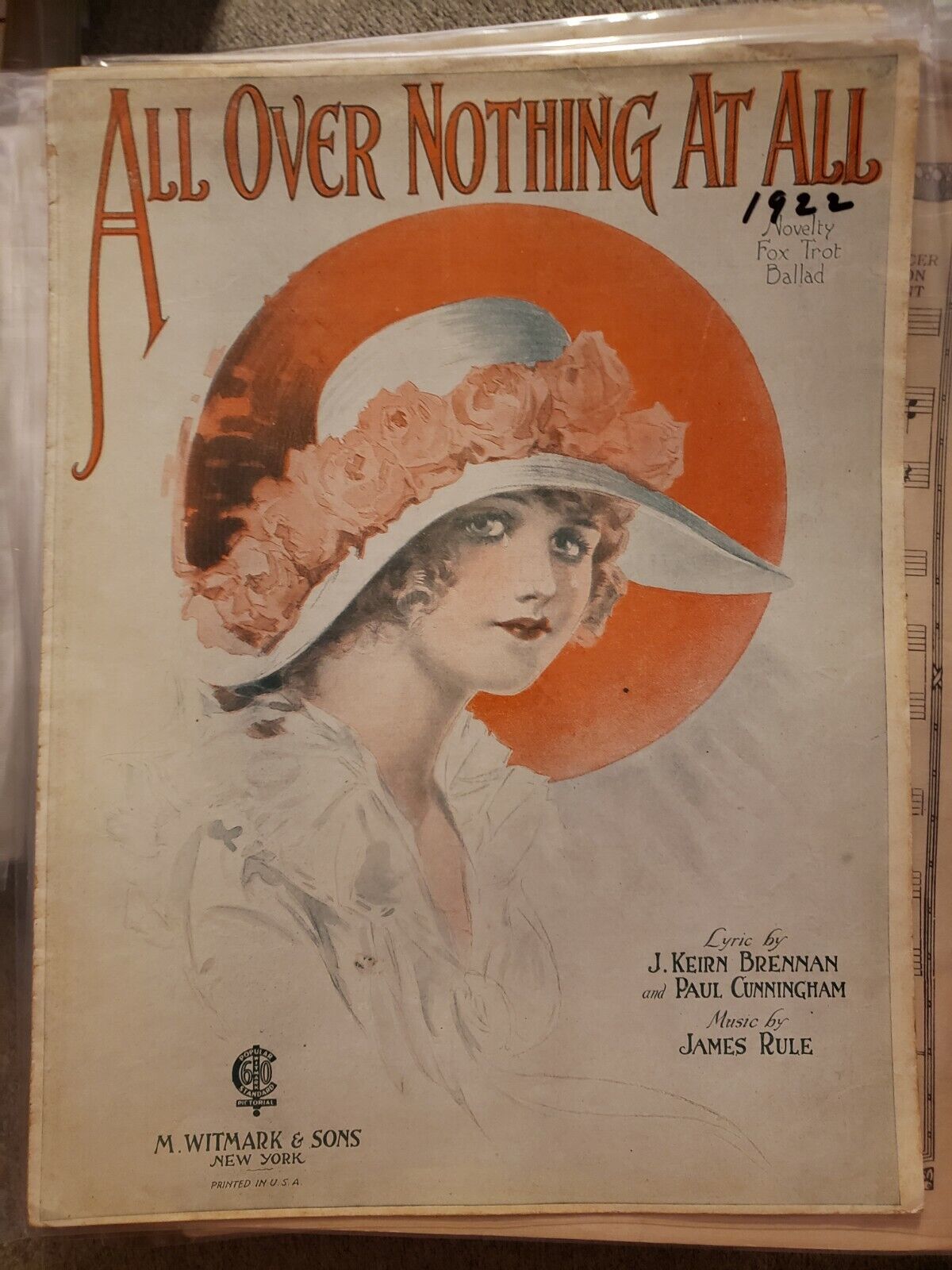 Vintage Sheet Music 1922 All Over Nothing At All Keirn Brennan Paul Cunningham