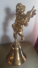 Vintage Solid Brass Bell Angel Cherub Standing On One Leg Playing Lute 6