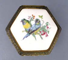 Vintage Music Box Trinket Jewelry Footed Metal Porcelain Birds Made in Japan picture