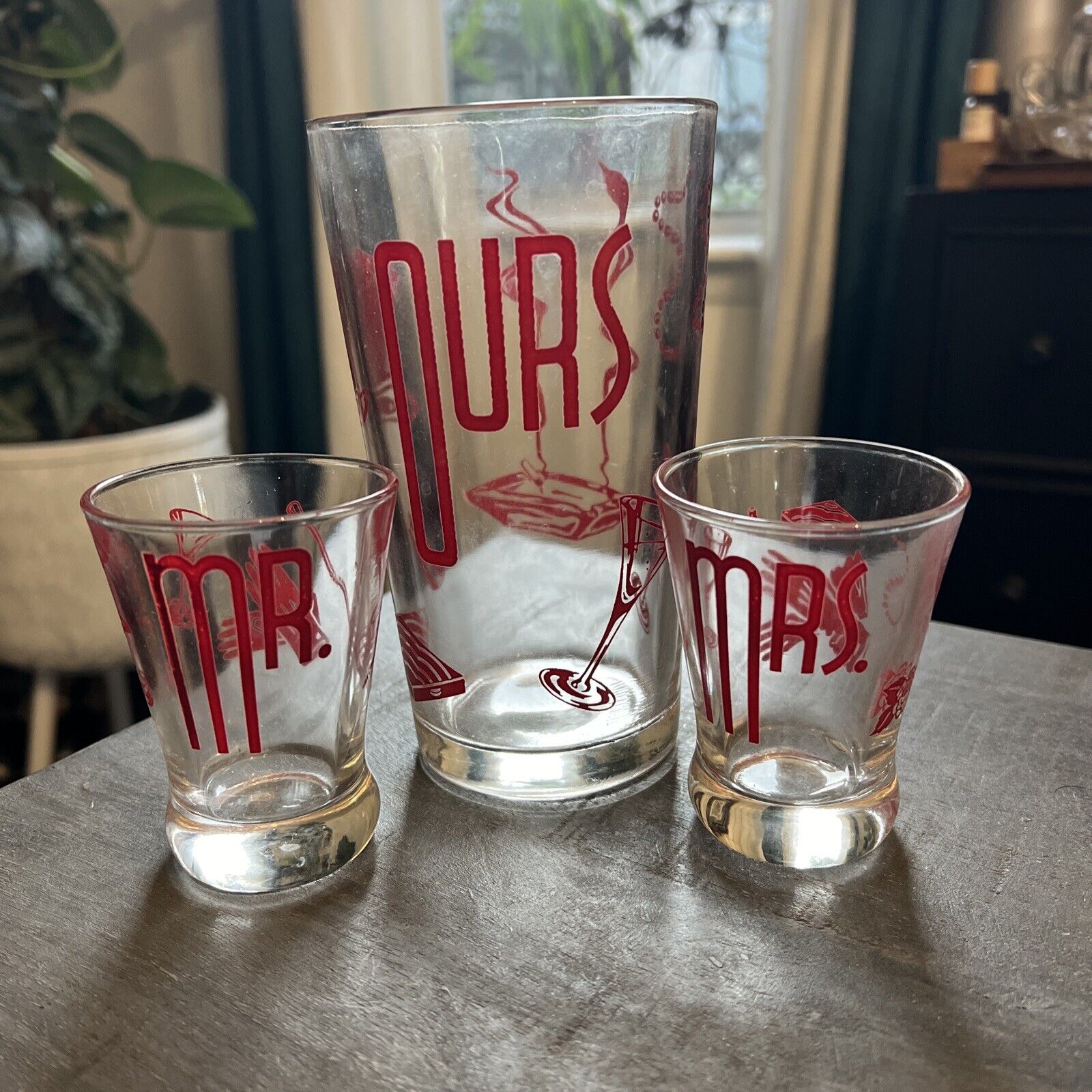Vintage YOU MR MRS Glass Shaker Cocktail Set Party Theme Red Clear