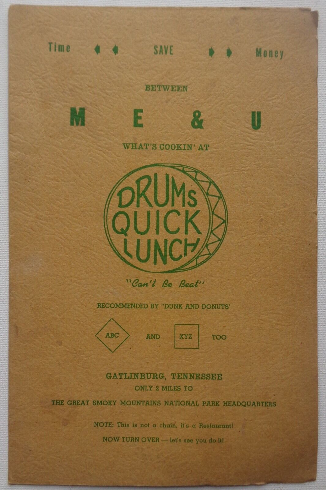 Vintage Menu Drums Quick Lunch Gatlinburg Tennessee Whats Cookin Dunk Donuts