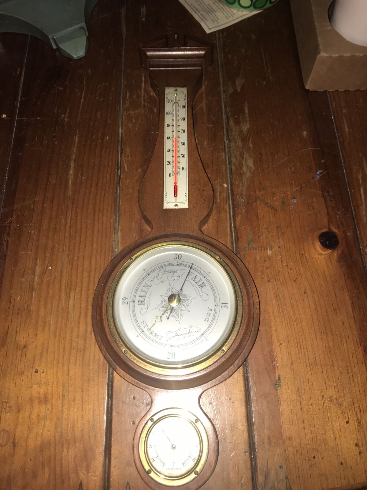 Vintage Airguide Mahogany Wood Frame Banjo Weather Station Barometer 21”