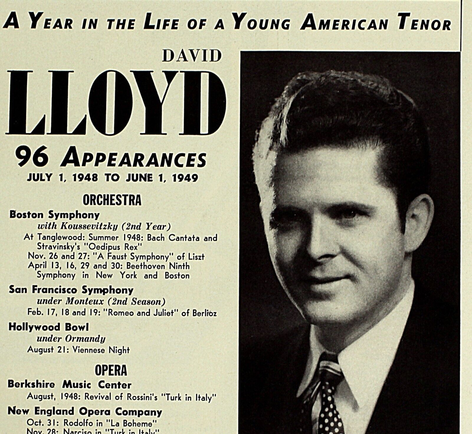 Vintage Music Print Ad DAVID LLOYD Tenor 1949 Booking Ads 13 x 9 3/4