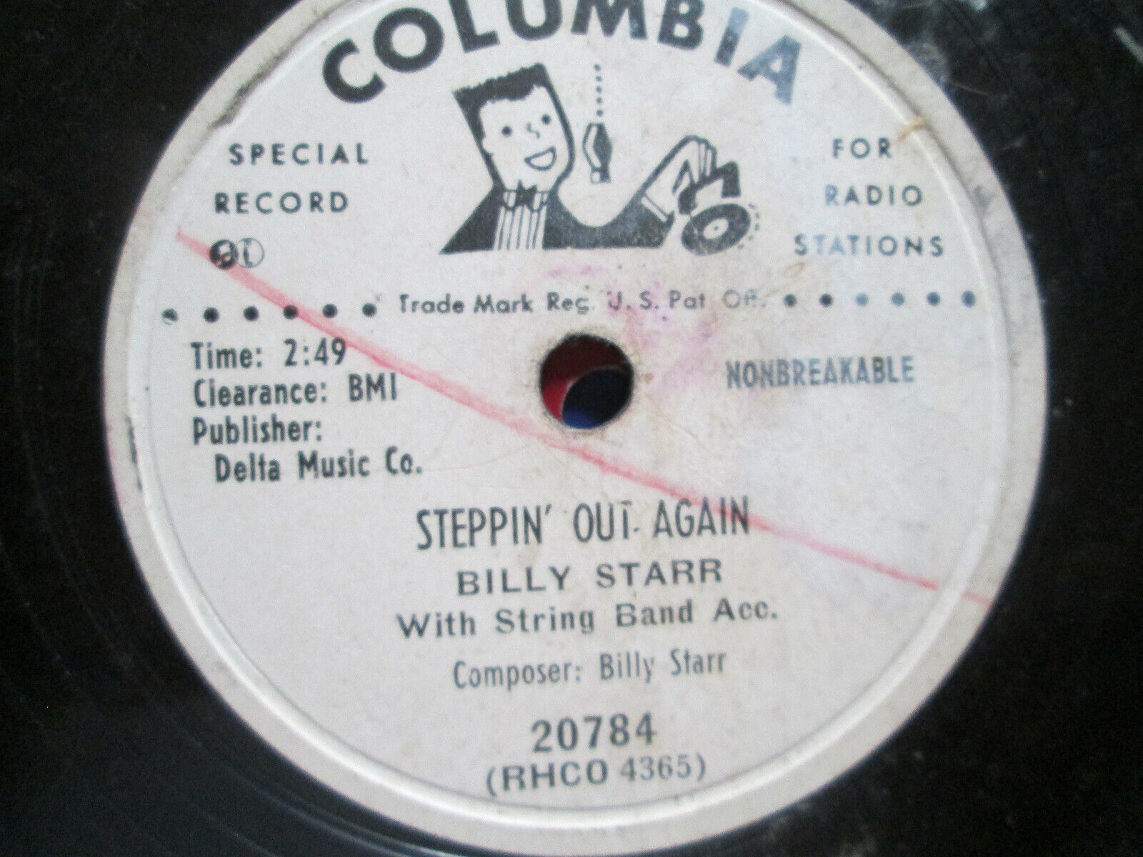 Billy Starr RARE PROMO Steppin' Out/The Last Time vintage record Columbia 78 rpm
