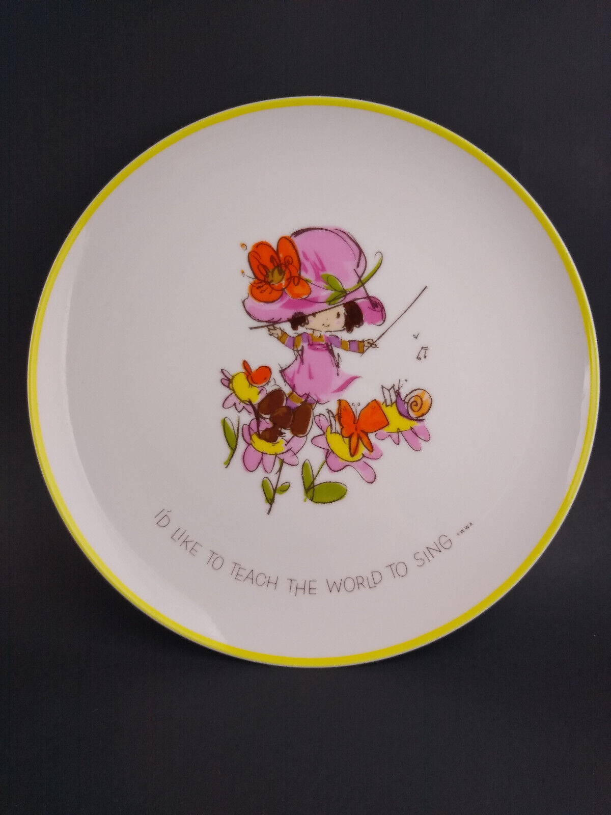 Vintage Plate Mopsie  Adorable Girl Pink Hat Flowers Bird Mouse Sing Music 1973