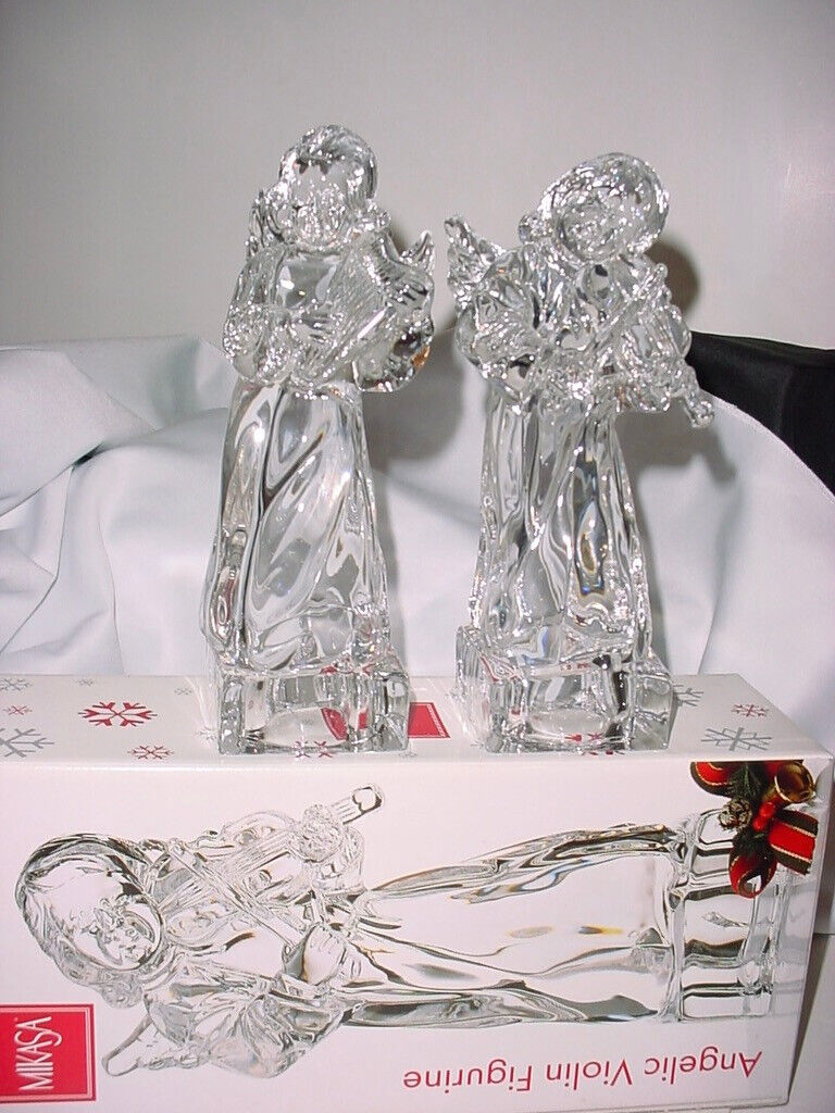 LOT 3 MIKASA LARGE CRYSTAL ANGELS - 1 WITH HARP, 1 WITH VIOLIN, 1 WITH HORN