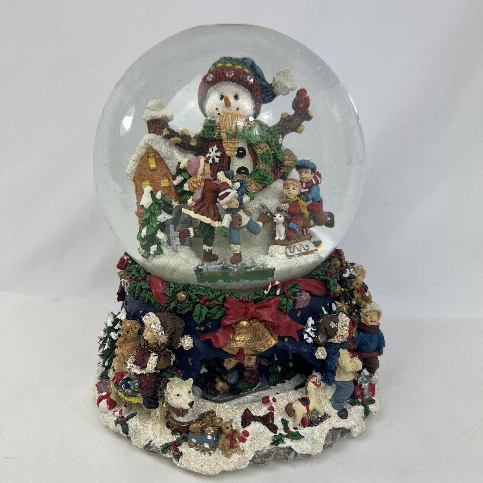 Vintage CHRISTMAS  Musical Water Globe Special Times Snowman, sledding, Kids