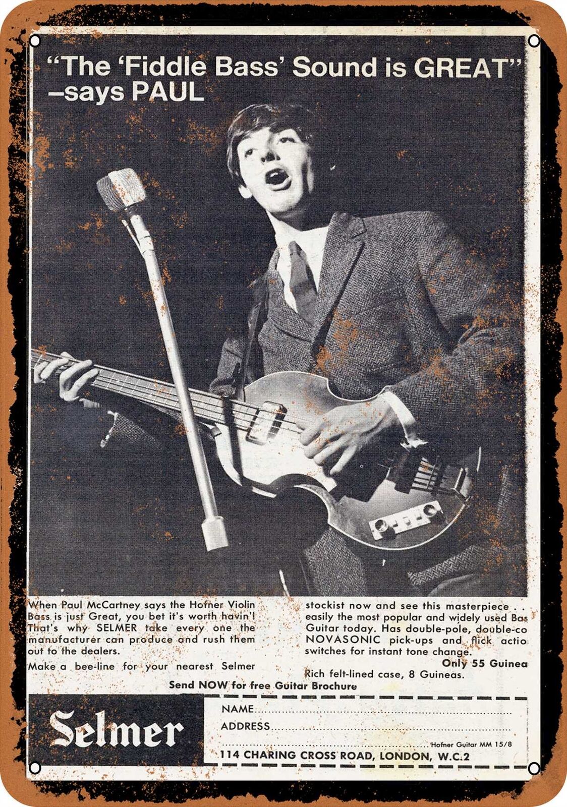Metal Sign - 1964 Paul McCartney for Hofner Bass Guitars - Vintage Look Repro