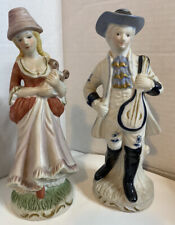 Vintage Blue & White Porcelain Figurines Colonial Man Banjo & Woman Harp Color picture