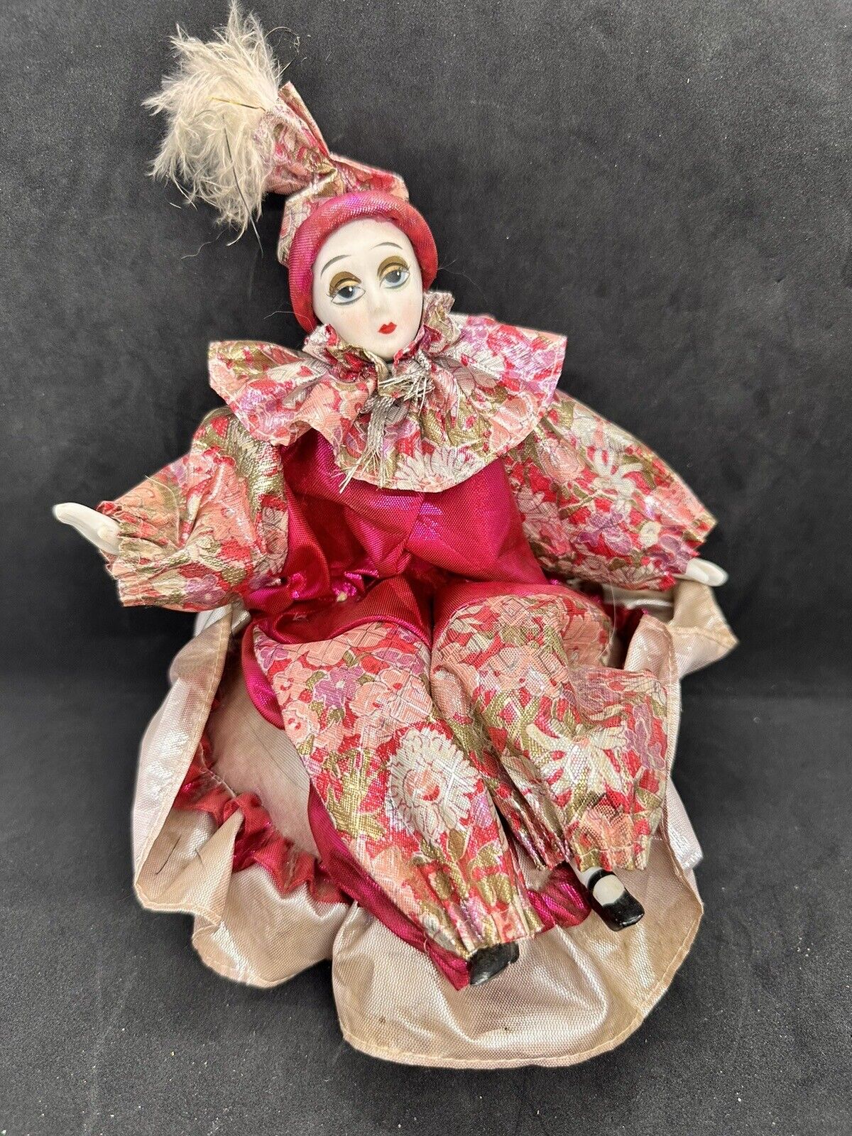 Vintage Harlequin Jester Doll Music Box Porcelain Face Sitting TESTED 8in