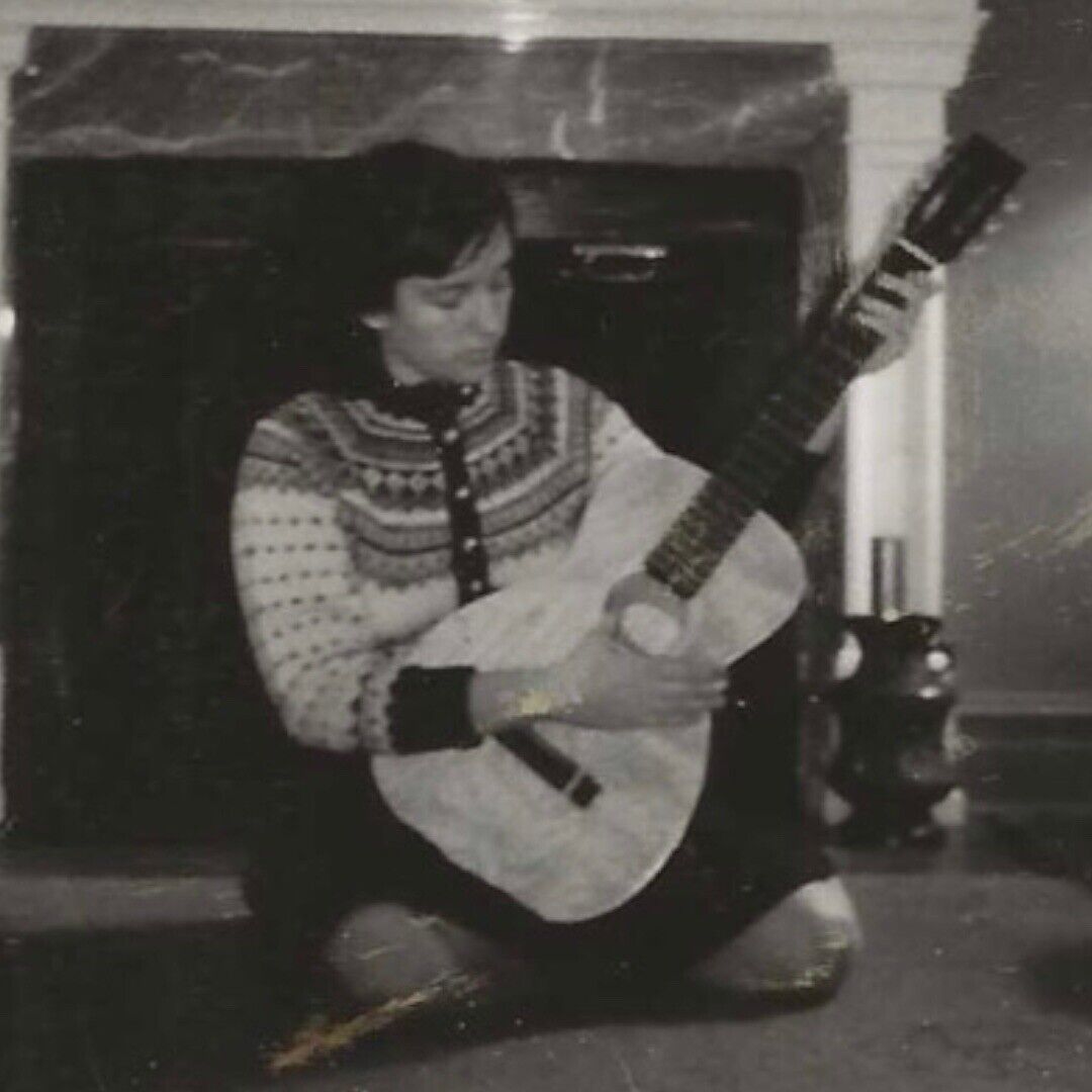 Woman Sitting On Floor Playing Guitar Acoustic Vintage Vernacular Snapshot Photo