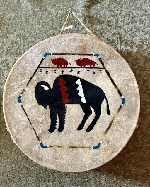 Vintage Navajo Native American Rawhide Drum, painted buffalo
