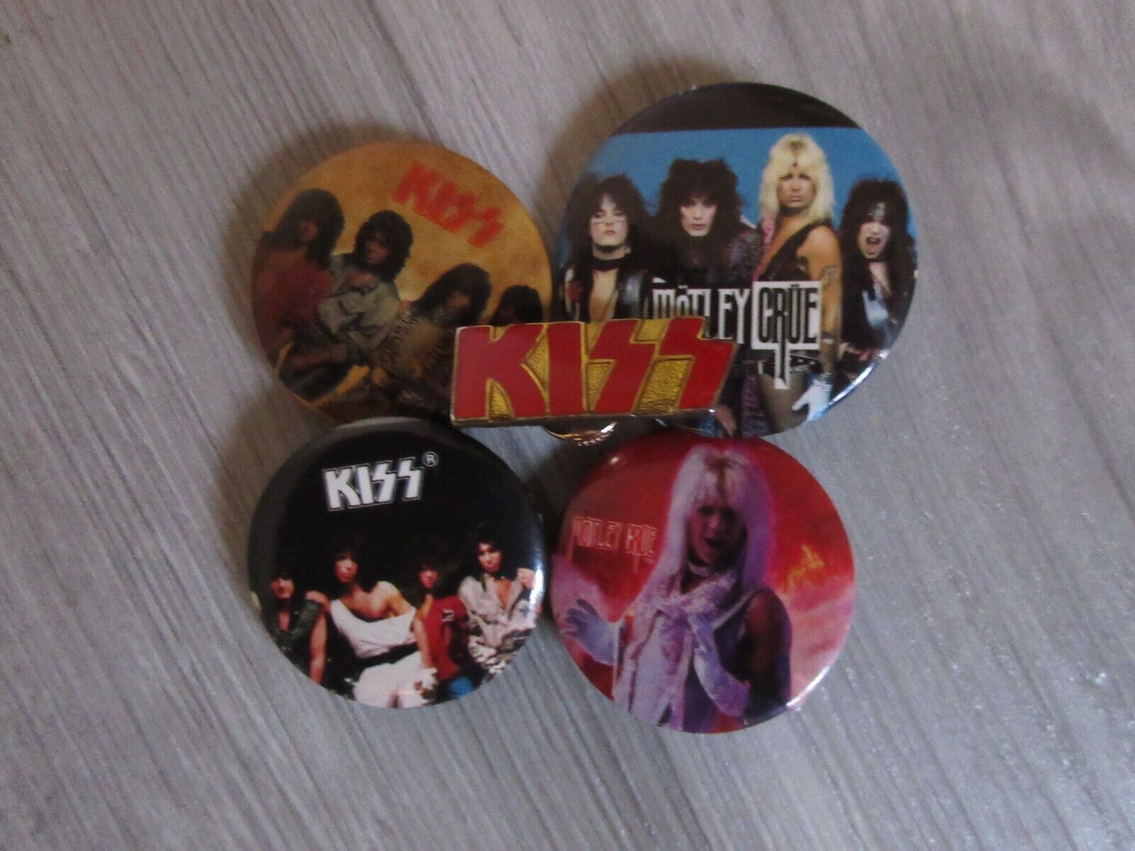 Rare Lot of 5 Vintage 80s Buttons Pins Heavy Metal Bands Kiss and Motley Crue