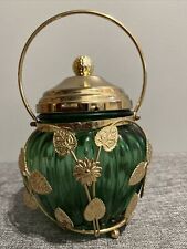 Vintage Green Glass Biscuit Jar Music Box Lid Gold Metal Leaves Design Japan picture