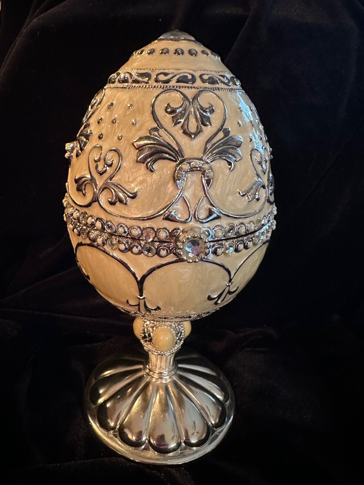 Vintage Fabergé Style Pewter Musical Egg W/ Rotating Butterfly