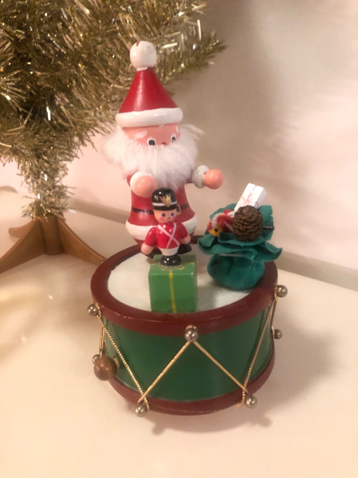 Vintage Ebeling Reuss Music Box German Style Wooden Spinning Santa WORKS WELL