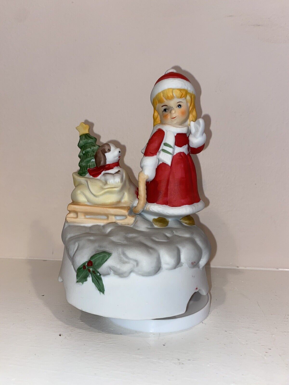Vintage Christmas Porcelain Music Box We Wish You Merry Christmas Girl Tree Dog