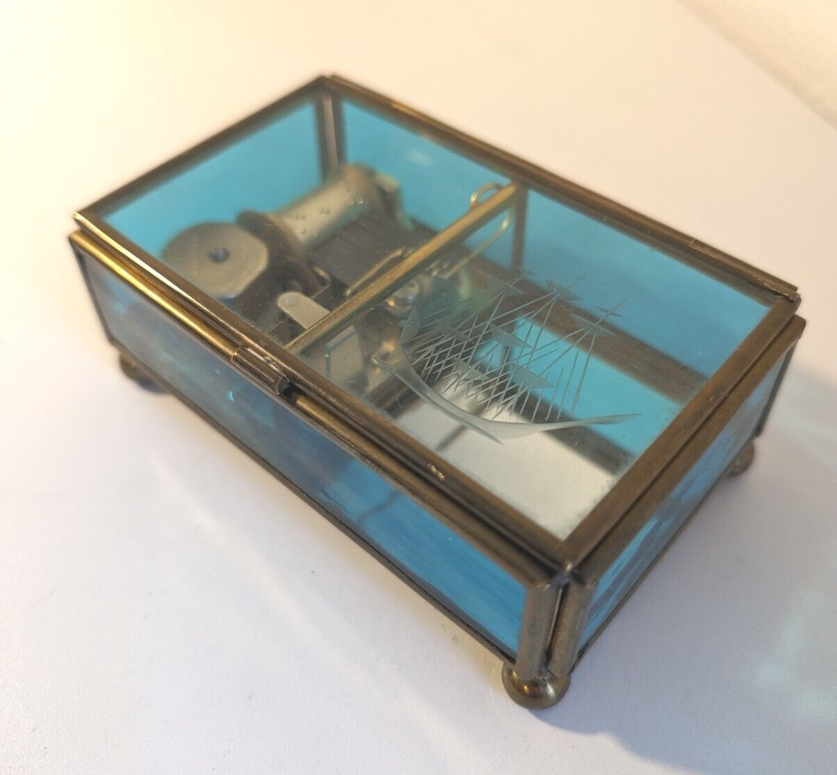 Vintage Turquoise Hinged Etched Ship Glass Music/ Trinket Box Plays Memory