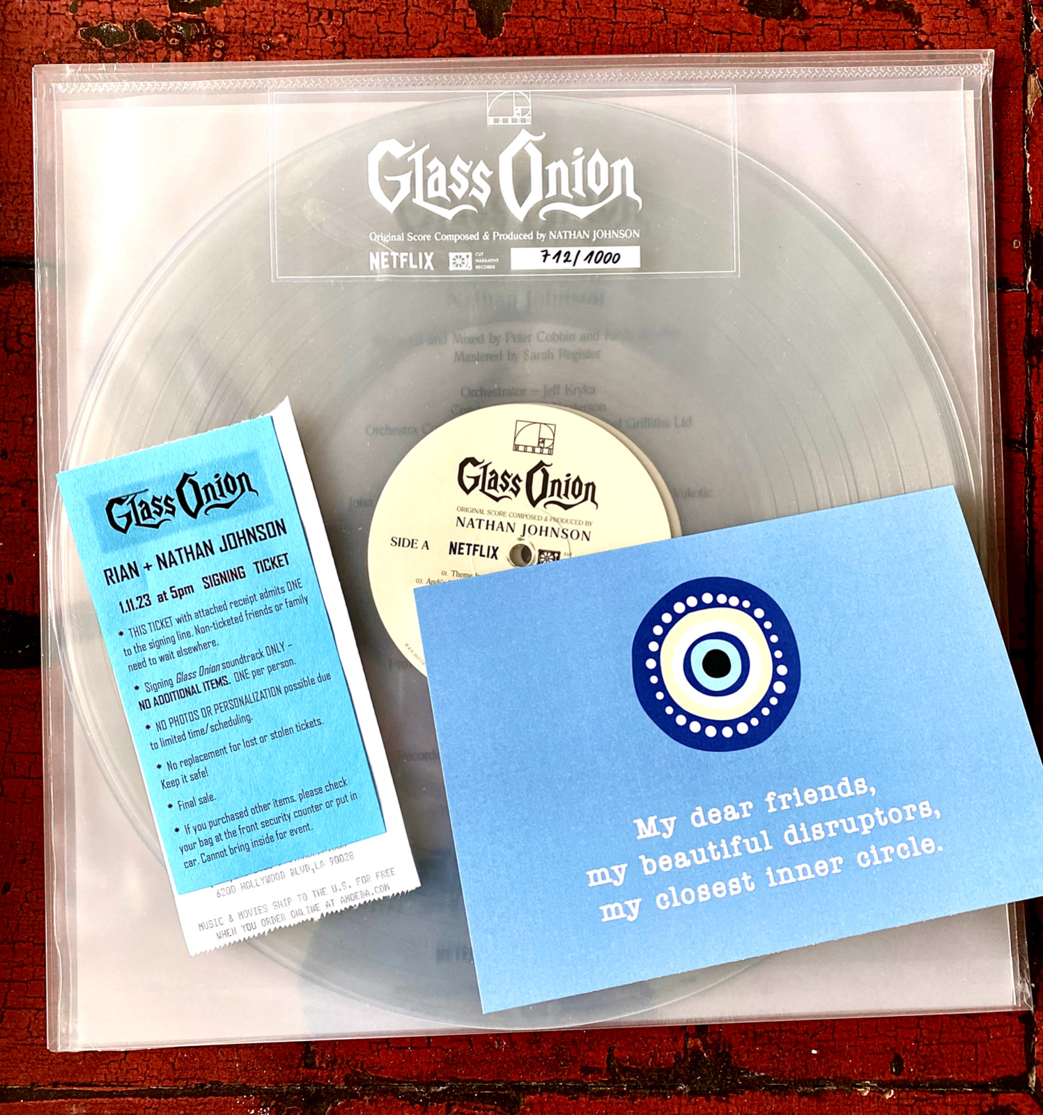 Glass Onion    **CLEAR / NUMBERED VINYL**   Signed / Card  / Rian Johnson / 2023