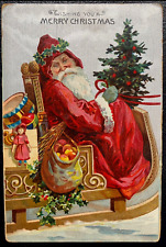 Santa Claus in Sled with Apples~Toys~Drum~Antique~German~Christmas Postcard~k121 picture