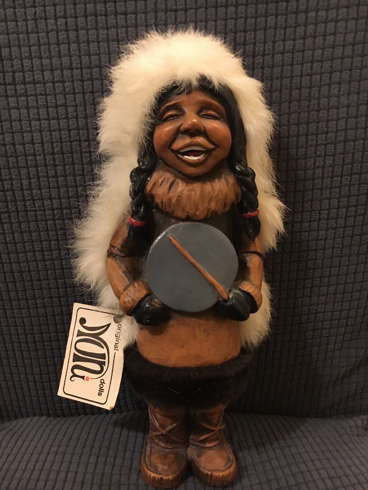 Vintage Nuni 11” Hand Carved Wooden Singing Eskimo Girl Fur Doll Holding Drum