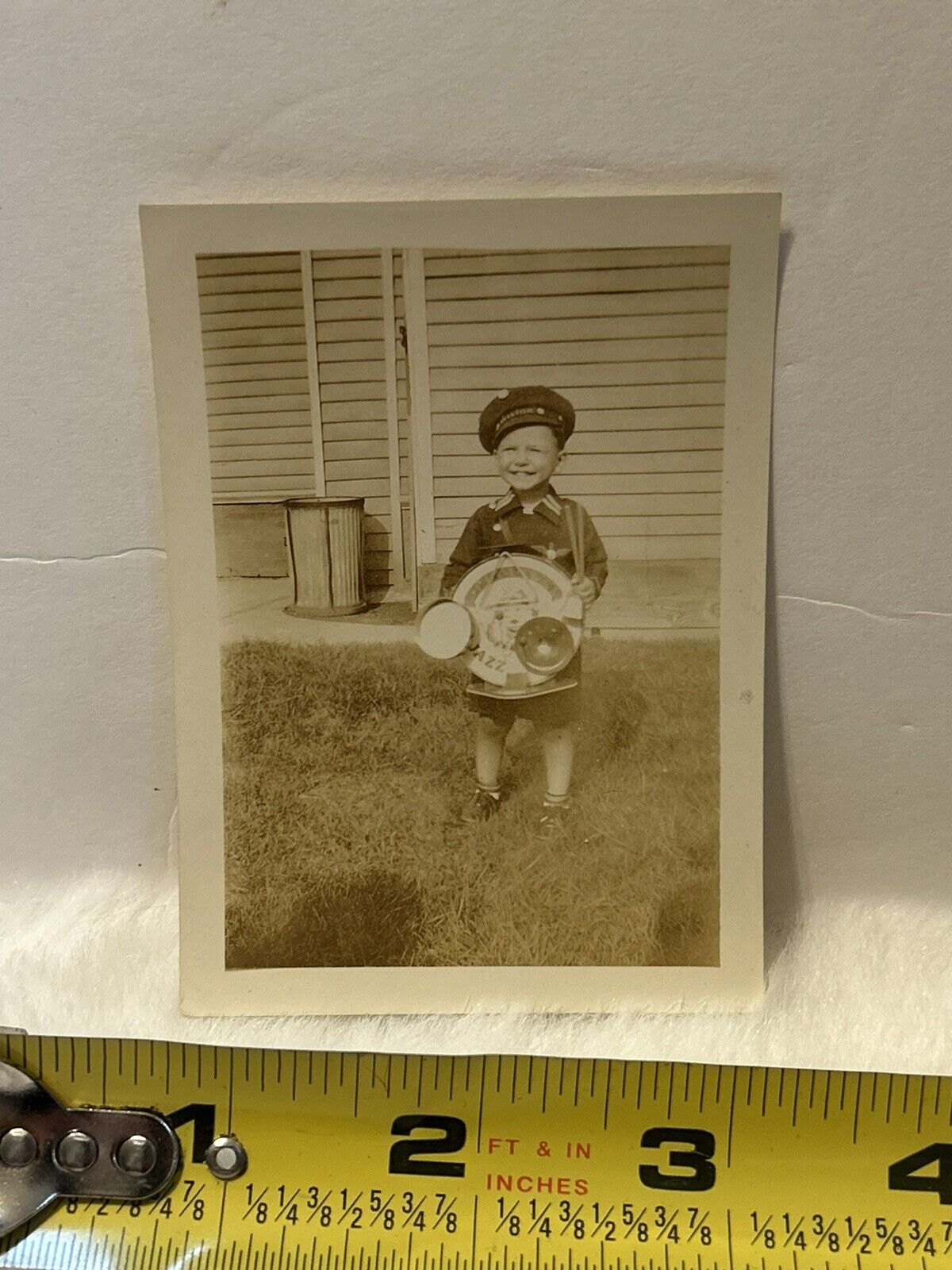 Vintage Photo Snapshot Of Little Boy In Marching Band Outfit Wearing Drum 