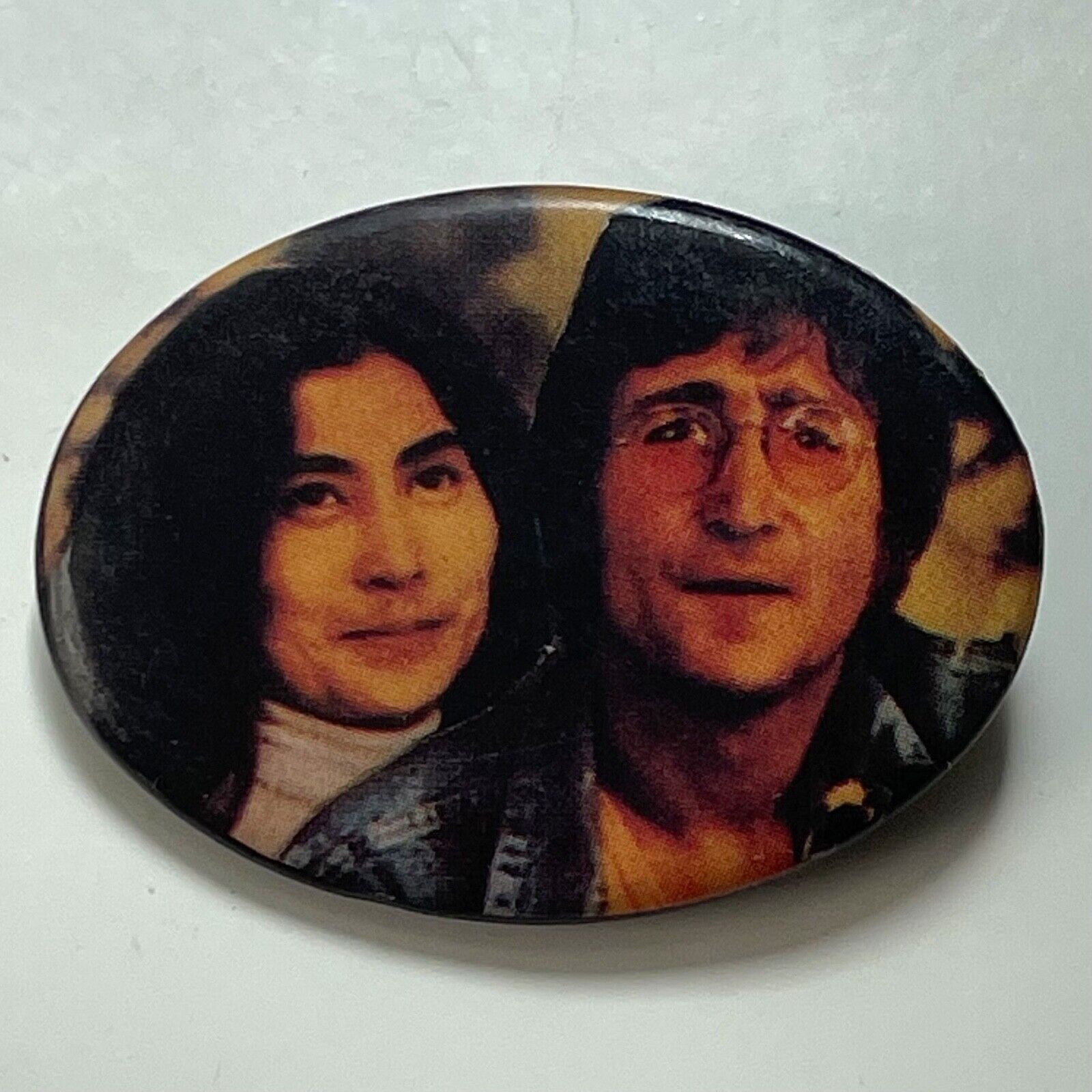 Vintage late 1970s JOHN LENNON & Yoko Ono pin oval button badge The Beatles NM