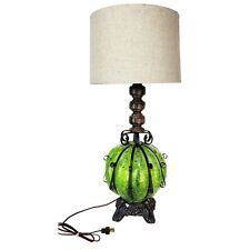 Green Caged Cracked Glass Mid-Century Wrought Iron Spindle Wood VTG Table Lamp picture