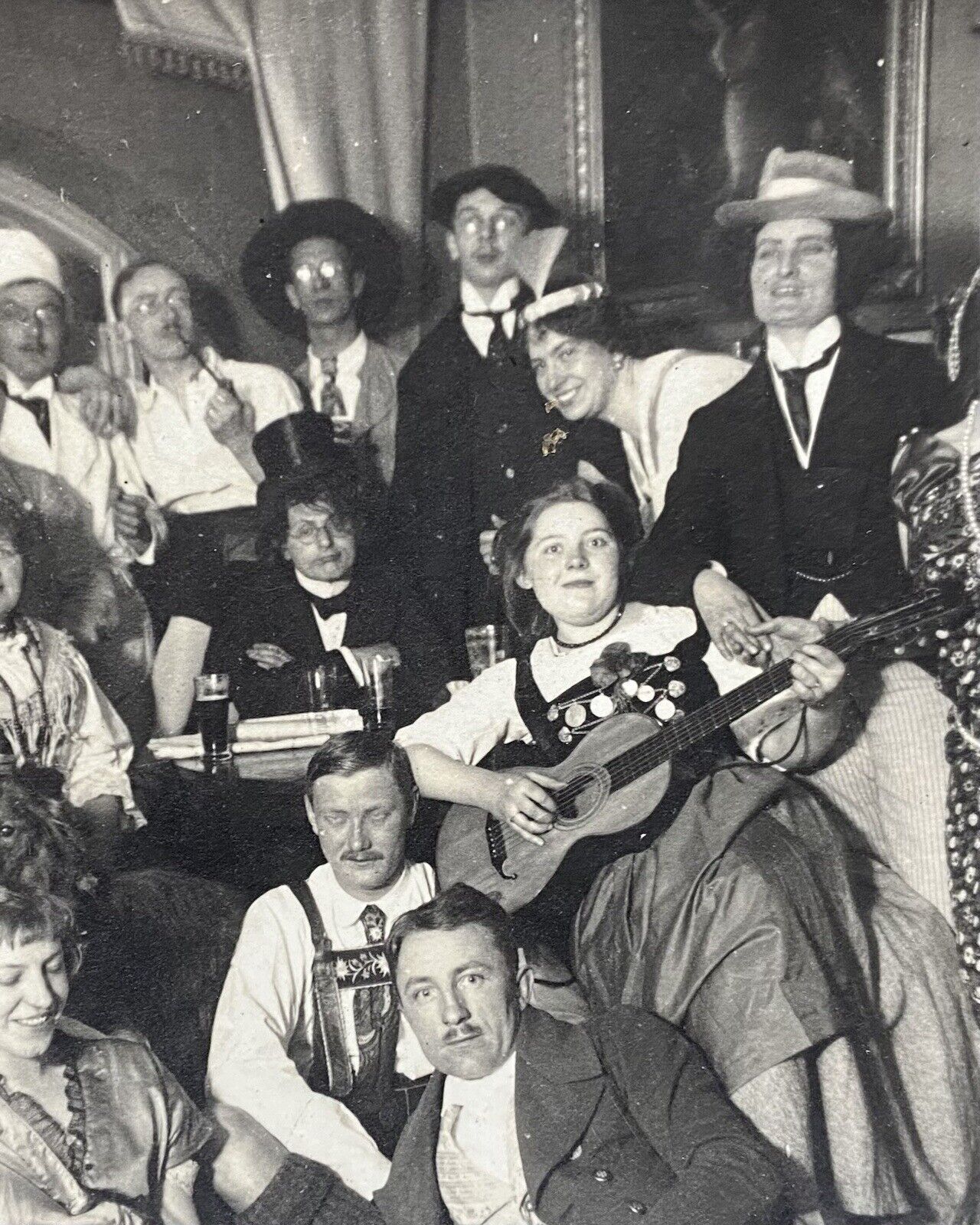 Group of Fun People Dressed Up Playing Guitar Pretty Dog Antique Vintage Photo
