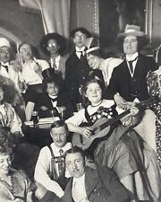 Group of Fun People Dressed Up Playing Guitar Pretty Dog Antique Vintage Photo picture