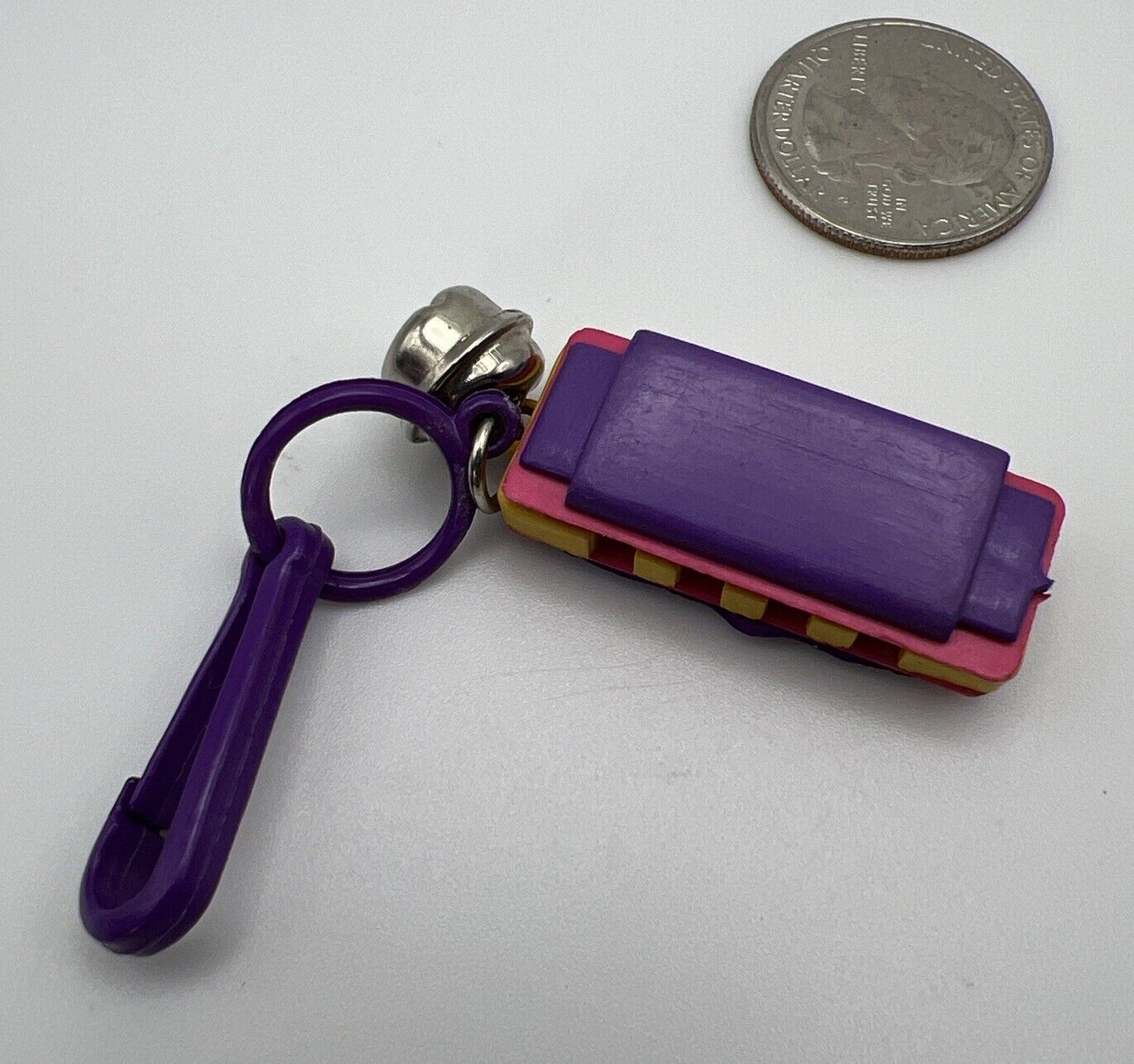 Vintage 80s Plastic Bell Charm Purple Pink & Yellow Harmonica For 1980s Necklace