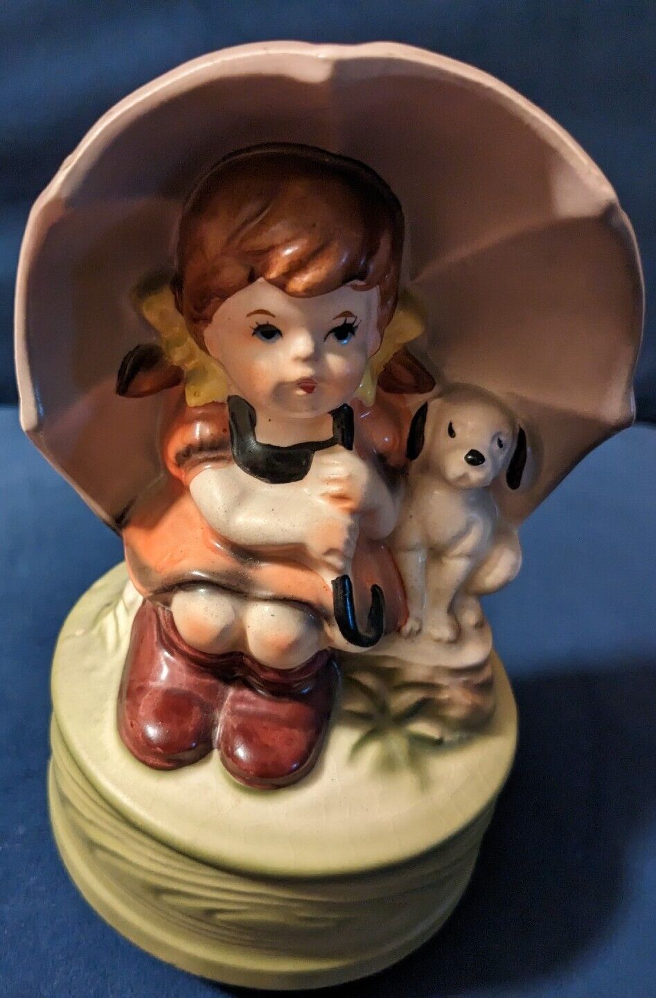 Vintage Ceramic Music Box Girl with Dog under Umbrella made in Japan
