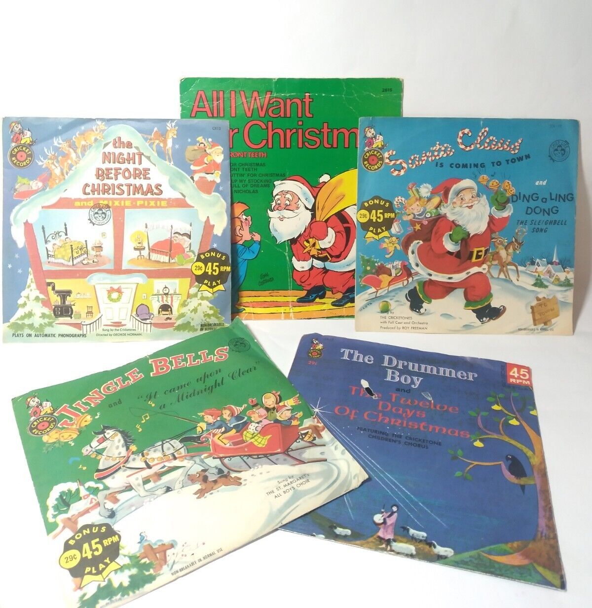 5 Vtg. Christmas 45 Records All I Want, Mixie Pixie Jingle Bells, Santa Claus...