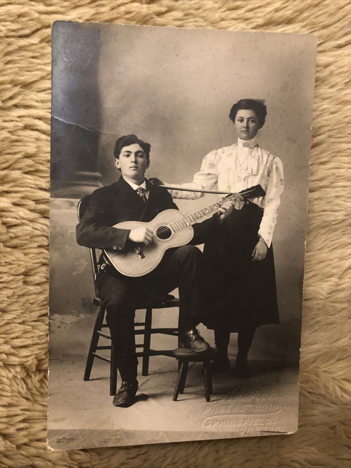 Springfield, Oregon early 1900s  man guitar O.Kaurin ? Photo Studio Brother Sis