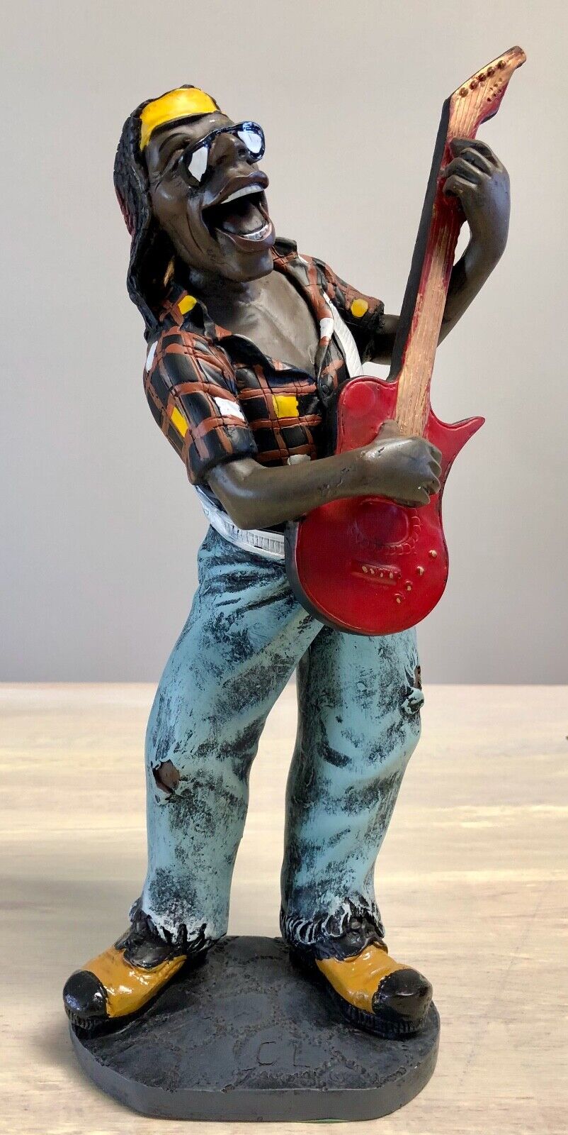 Reggae Rasta Musician Bass Guitar Player Hand Sculpted Clay Statue Signed VTG