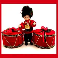 Xmas Red Velvet Ornaments Royal Guard Drummer Drums Hat Holly Ribbon Gold Trim picture