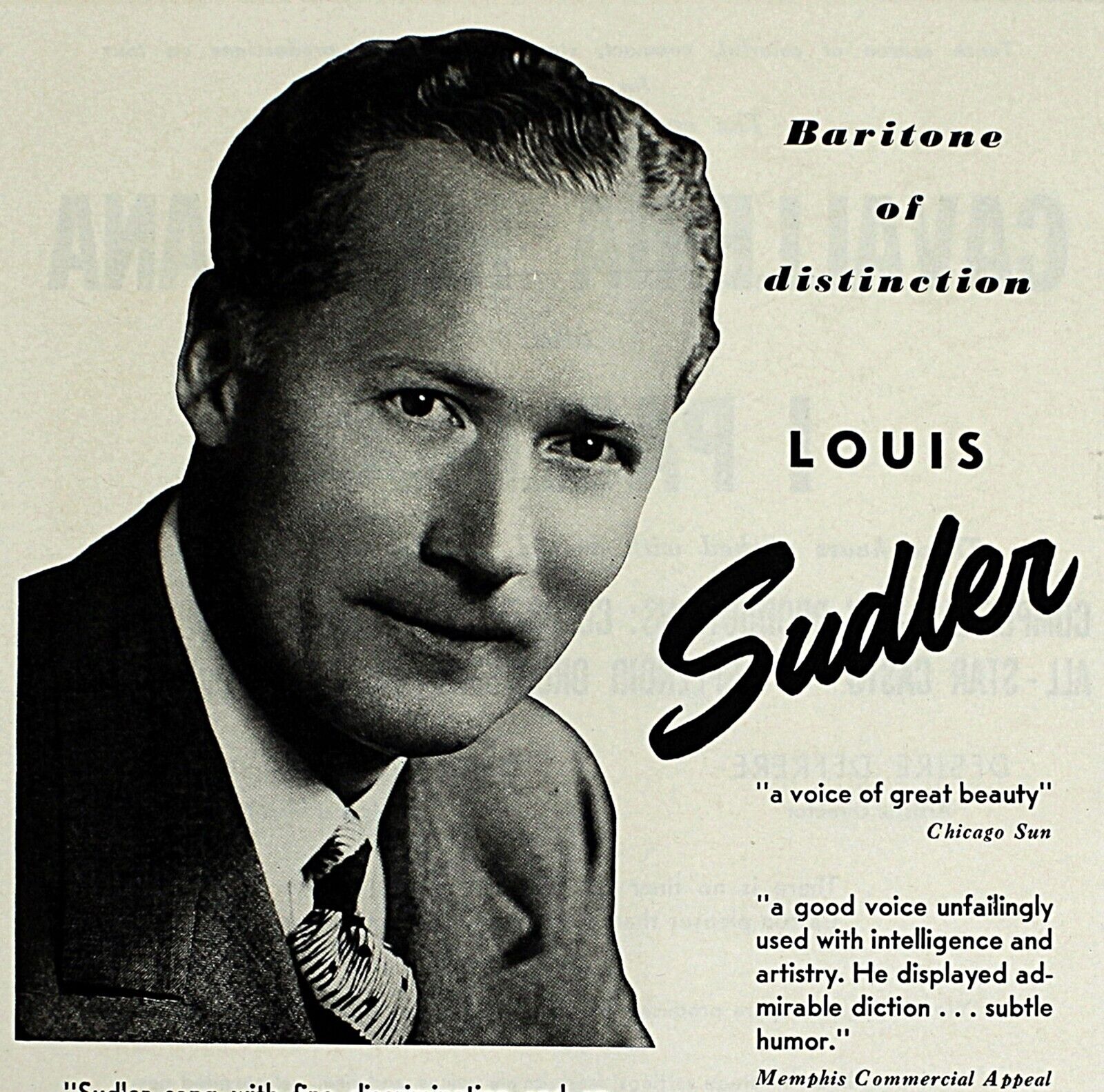 Vintage Music Print Ad LOUIS SUDLER Baritone 1949 Booking Ads 13 x 9 3/4