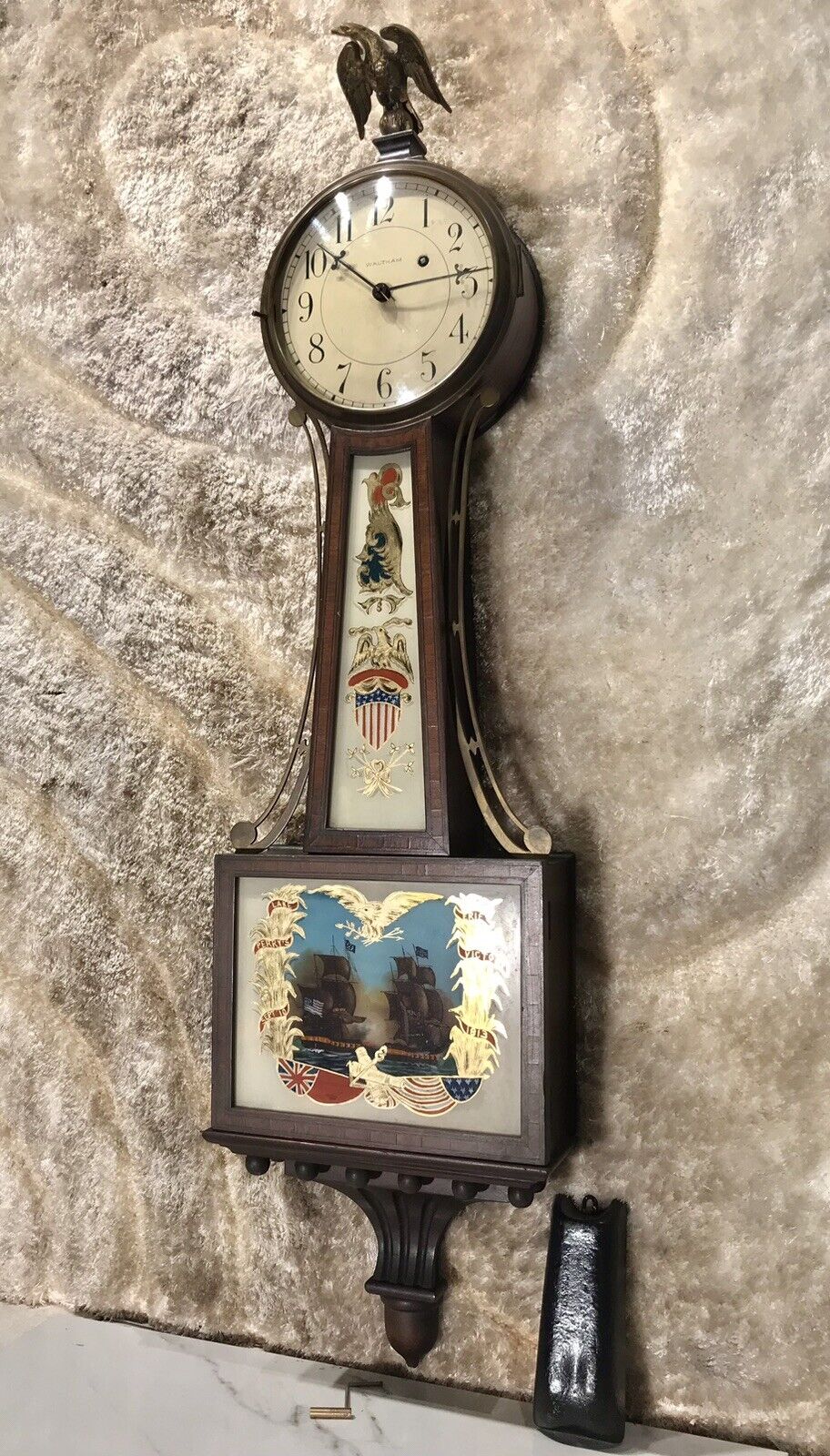 ORIGINAL ANTIQUE U.S.A.WALTHAM ,BANJO CLOCK,WITH WEIGHT DRIVIN