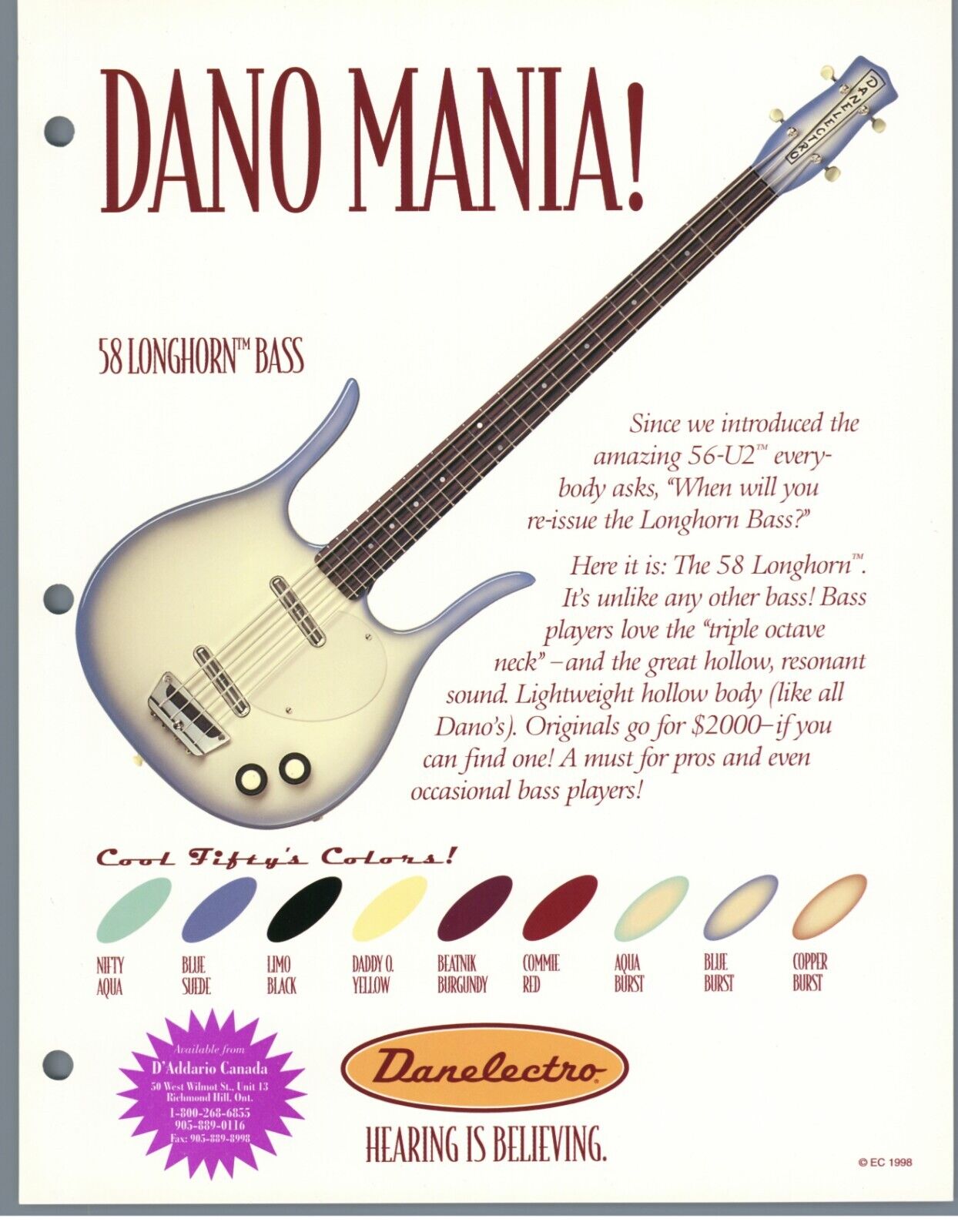 DANELECTRO 1958 Longhorn Bass Guitar Reissue Vtg 1998 Dealer Catalog Insert Page
