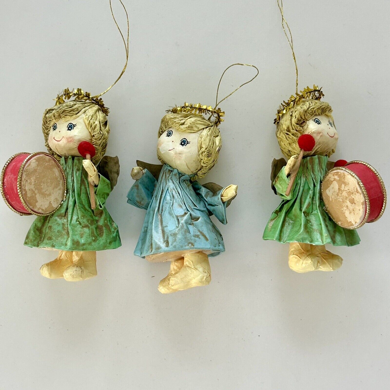 Christmas Ornaments Angels Playing Drums Handmade Paper Mache Rare Vintage 1970s