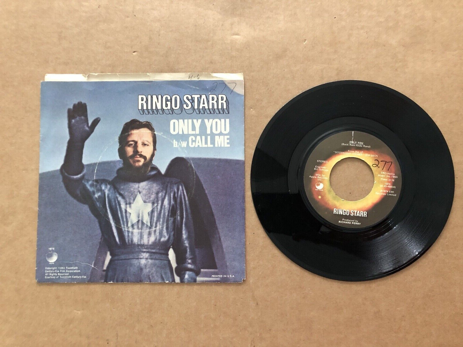 Vintage APPLE Record 45 rpm 1876 RINGO STARR Only You & Call Me w Picture Sleeve