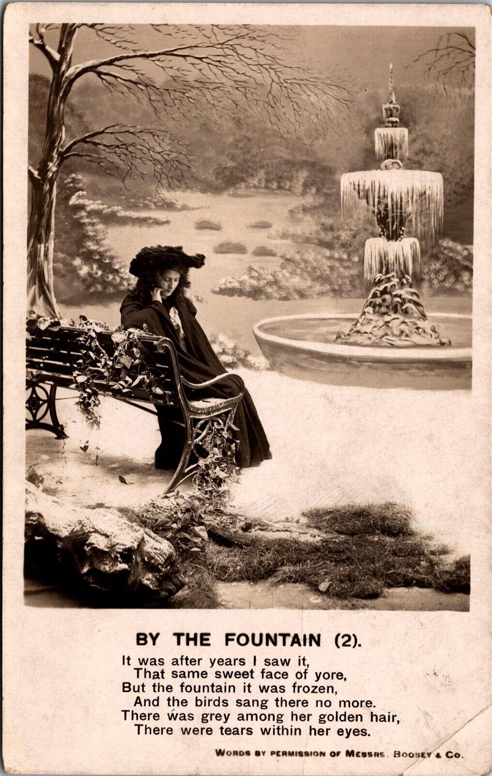 Vtg By The Fountain Lyrics Woman in Park pre-1908 RPPC Real Photo Postcard