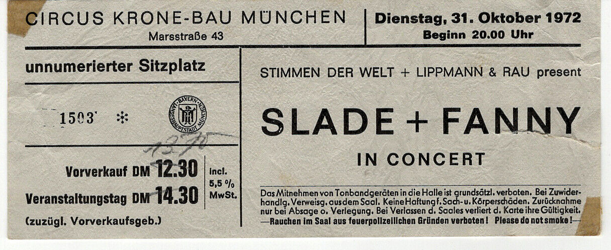 Slade Signed Ticket Original Vintage Circus Krone Munich 1972