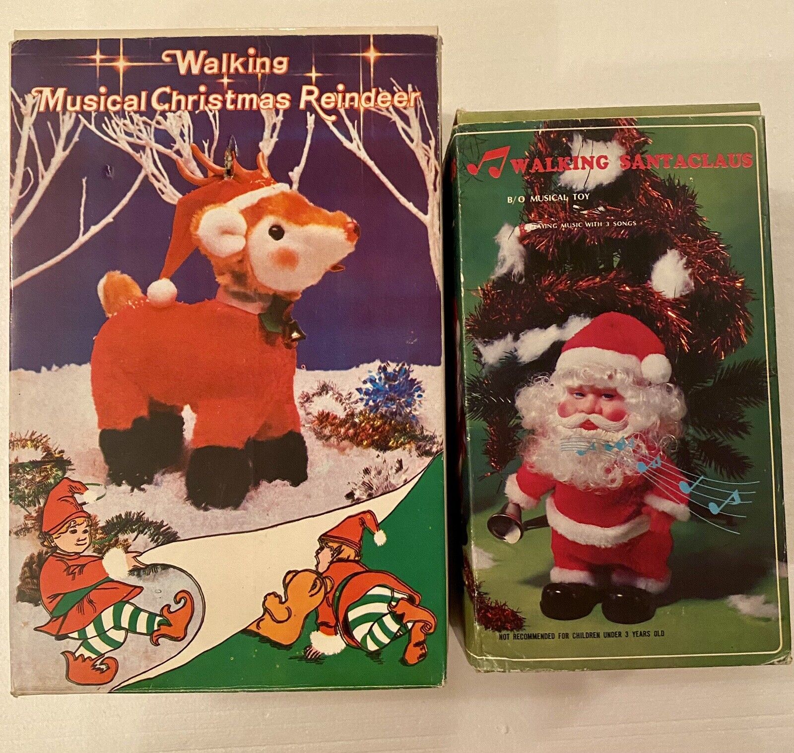 Vintage Christmas Toys  Musical Santa Claus and Reindeer- Original Boxes - Music