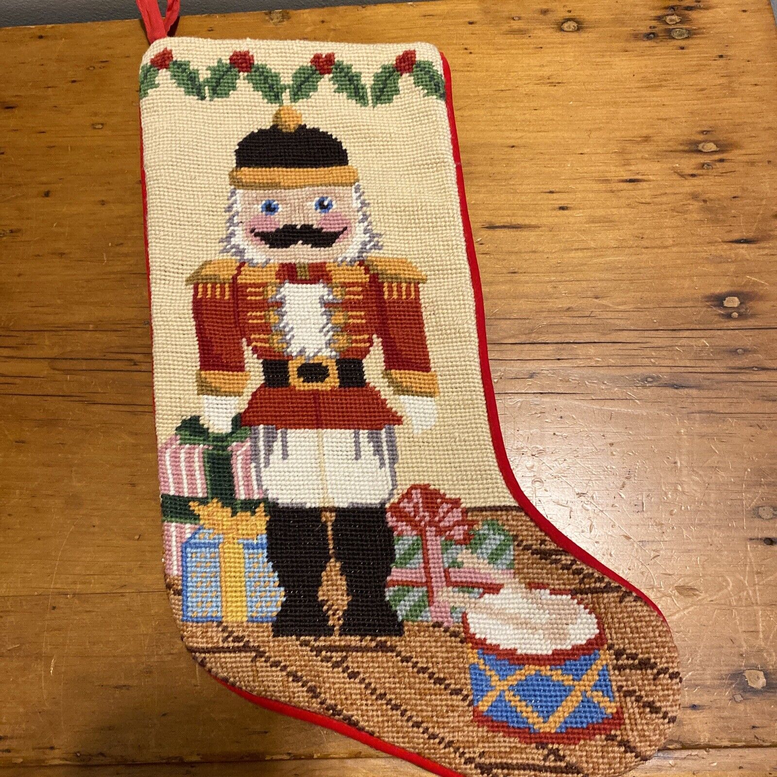 Vintage Needlepoint Christmas Stocking Nutcracker Red Drum Wool and Cotton