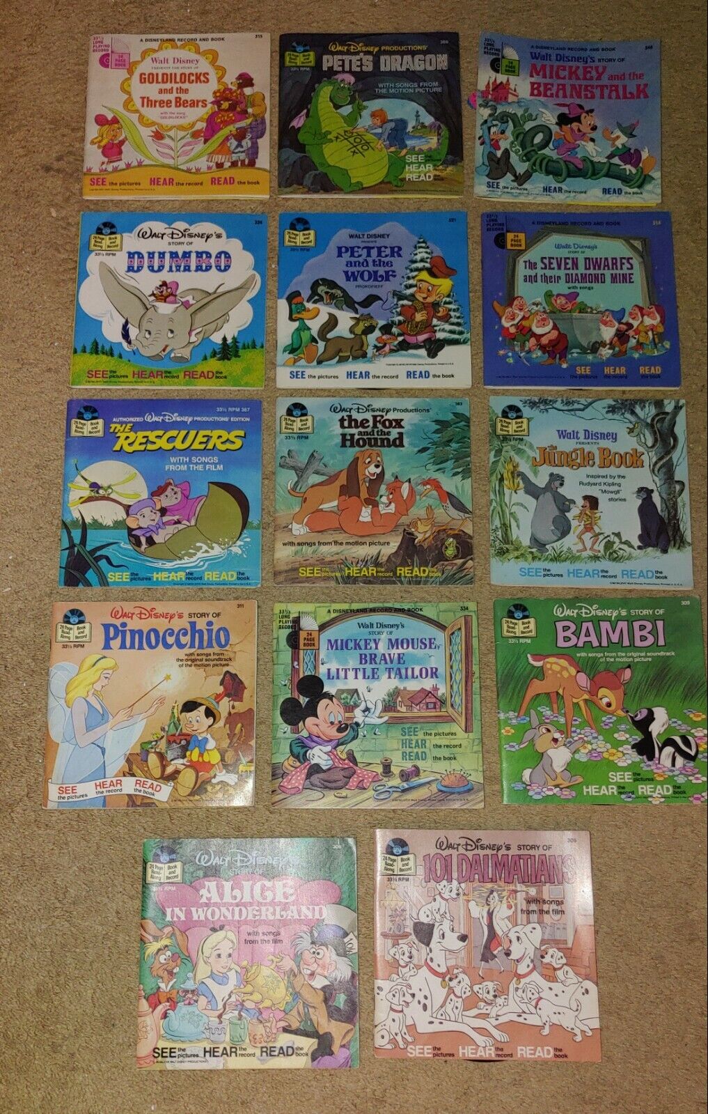 14 Vintage Walt Disney Children\'s See Hear Read Along Story Book and Record Lot